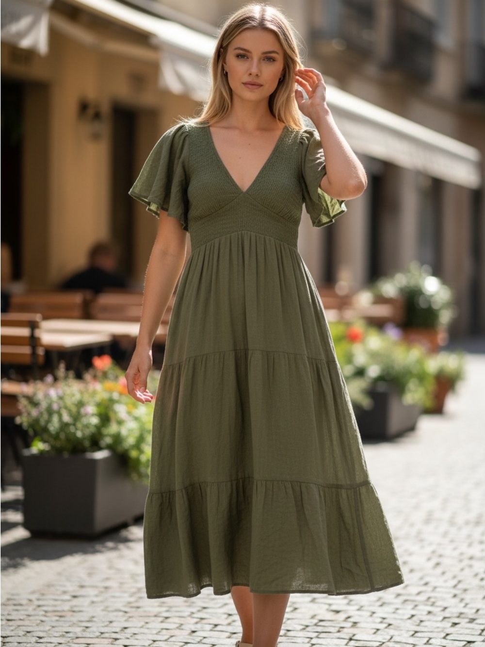 In Bloom Medium Olive Green V-Neck Tiered Midi Dress